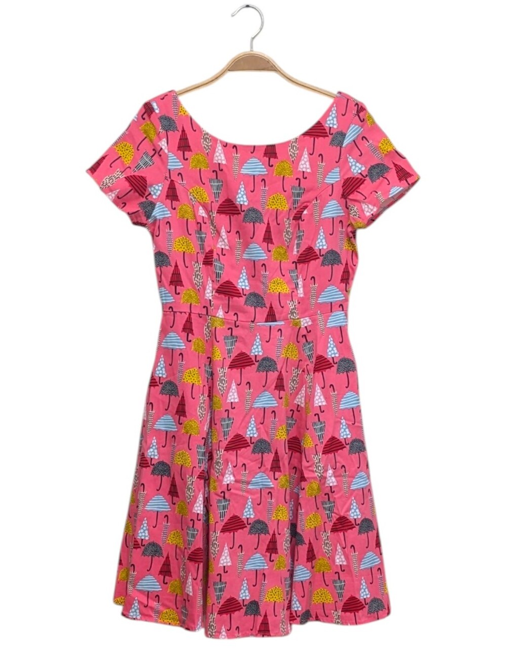Eva Rose Umbrella Print Pink Retro Style Fit And Flare Midi Dress Medium
